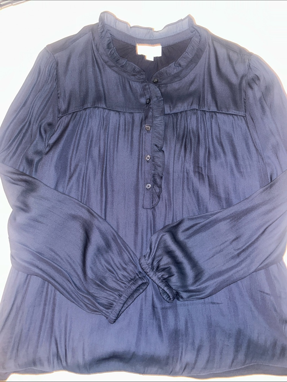 LOFT Navy Ruffle-Trim Button-Front Blouse - Picture 4 of 5